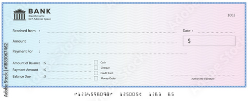 Bank check, vector blank money cheque, checkbook template with guilloche pattern and fields. Currency payment coupon, money check background