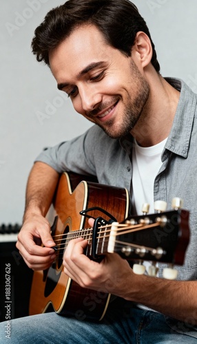 Smiling man playing acoustic guitar, focusing intently on strings
