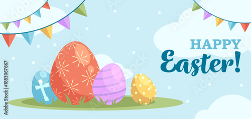 Bright Easter vector banner featuring colorful decorated eggs in green grass, festive garlands, clouds and spring sky, design for holiday greetings, invitations, posters and seasonal graphics.