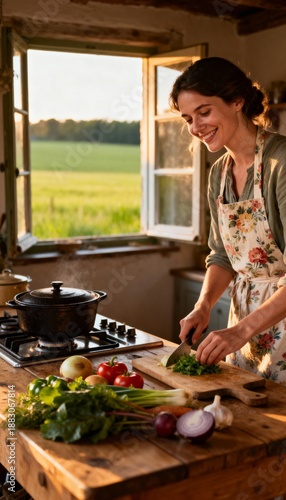 Woman happily preparing fresh vegetables in a rustic kitchen