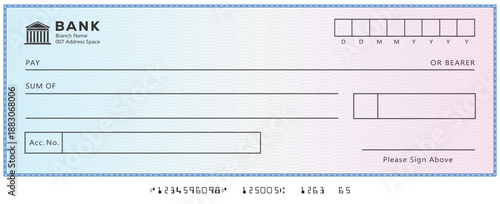 Bank check, vector blank money cheque, checkbook template with guilloche pattern and fields. Currency payment coupon, money check background