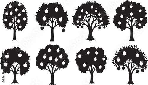 Collection of various black silhouette apple trees laden with fruit, ideal for design elements