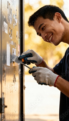 Smiling person in gloves uses a tool to attach something to a textured surface