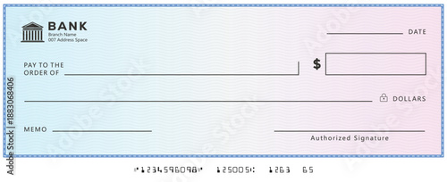Bank check, vector blank money cheque, checkbook template with guilloche pattern and fields. Currency payment coupon, money check background