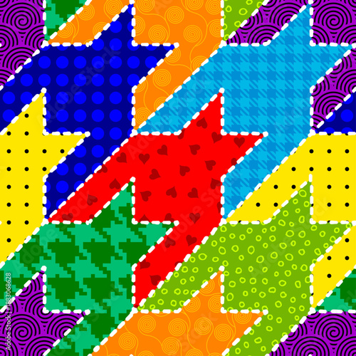 Colorful vibrant colors patchwork flat cartoon seamless vector pattern. Handmade patchwork of houndstooth shapes quilt style background for textile concept