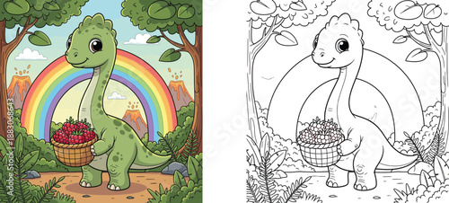 Cute cartoon T-Rex dinosaur artist painting colorful flowers on a canvas. Happy green dino wearing an apron holding a paintbrush in an art studio illustration for kids.