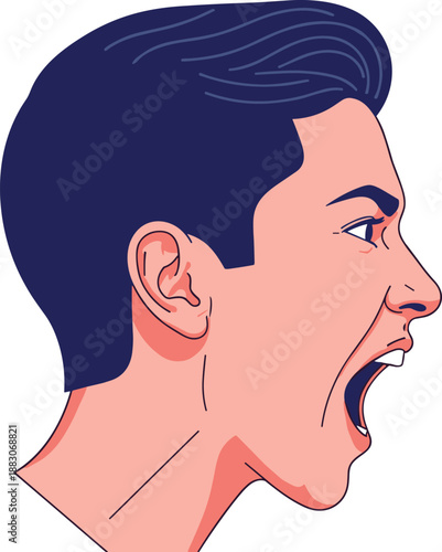 Shouting person, emotional expression, side profile, bold graphic, intense face, open mouth, stress icon, flat vector illustration