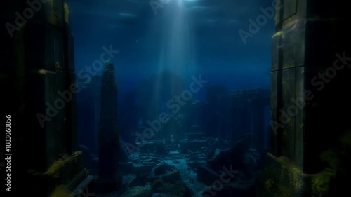 Lost City: Revealing the mysteries of an ancient, submerged city, illuminated by a celestial shaft of light that pierces through the dark ocean depths.
