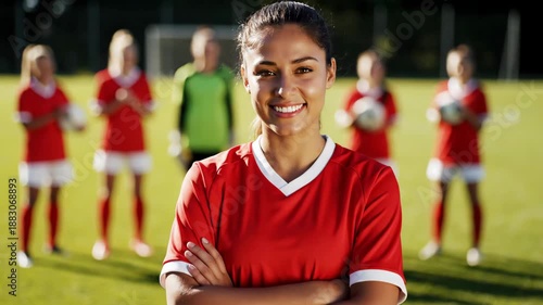 confident mixed race soccer player standing with crossed arms on green grass field. smiling female athlete in red uniform. teammates and goalkeeper in background. team sport concept.