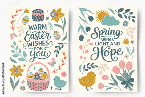 Spring easter greeting cards in flat textured style. Vintage  seasonal design with lettering, easter eggs and floral elements