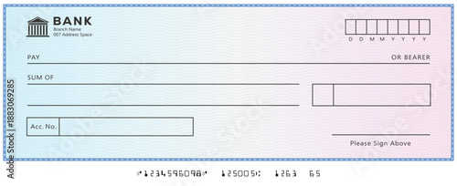 Bank check, vector blank money cheque, checkbook template with guilloche pattern and fields. Currency payment coupon, money check background