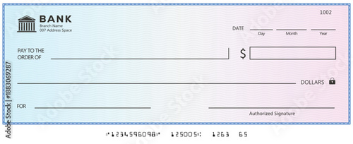 Bank check, vector blank money cheque, checkbook template with guilloche pattern and fields. Currency payment coupon, money check background