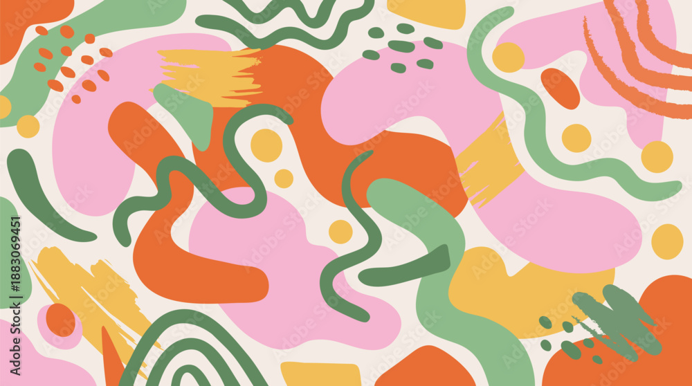 Fototapeta premium Abstract colorful contemporary art backdrop. Hand drawn different shapes, wavy lines, doodle element