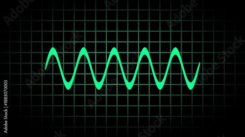 Bright green sine waves fluctuate across a dark background with a thin gray grid representing an oscilloscope or audio frequency display