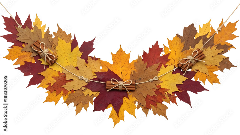 Fototapeta premium Autumn maple leaf garland with cinnamon sticks isolated on transparent background