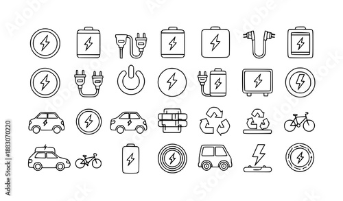 Simple Electric Power and EV Icons Line Art Vector Set Isolated on White Background