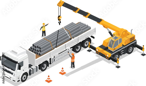 Construction workers loading steel beams onto a truck with a crane on a white background