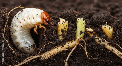 Macro Close-Up of White Grub Larva in Soil