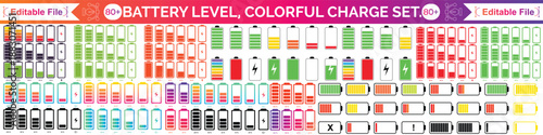 Battery icon set. Battery Full charge indicator or low charge sign. Level battery Energy powerfully full.