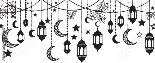 Islamic Ramadan Decoration Border with Hanging Lanterns, Crescent Moons, and Stars in Elegant Silhouette Style