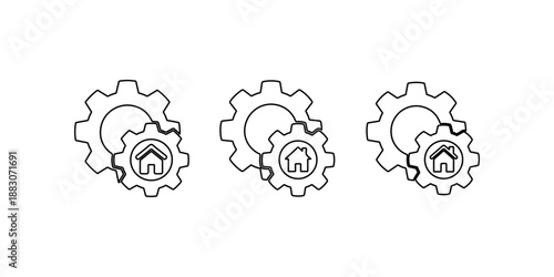 Smart home settings gear icon showing house symbol inside mechanical gears for automated technology and property management concepts in thin black strokes