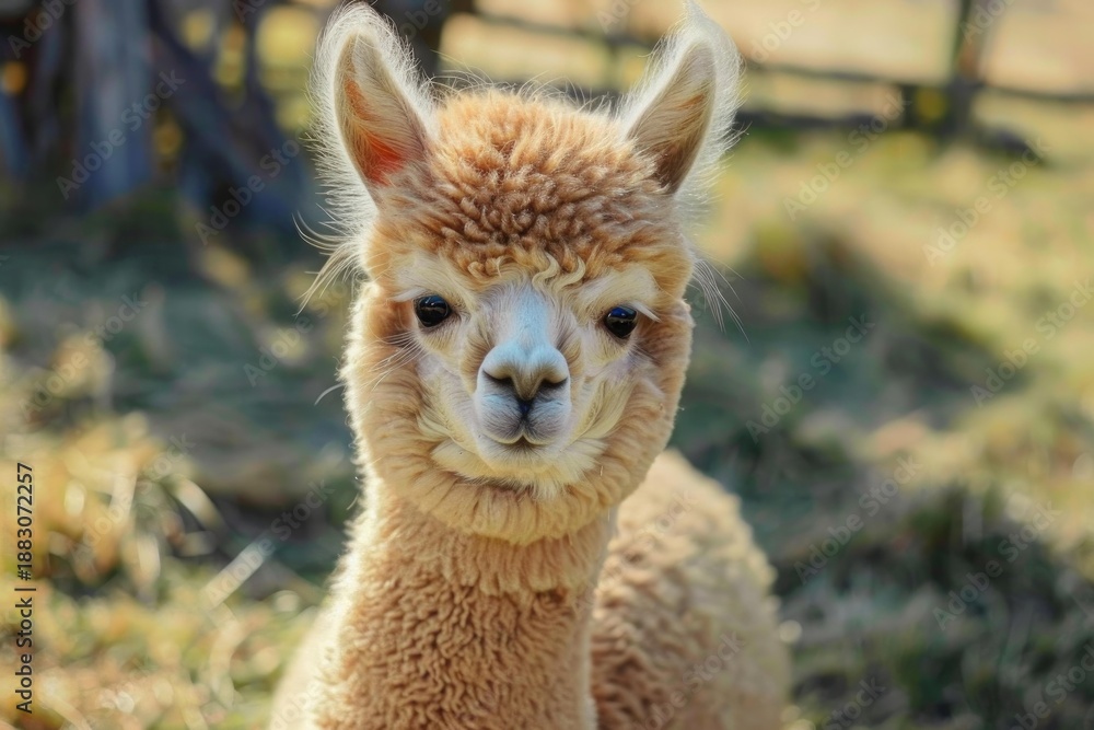 Obraz premium Light brown baby alpaca posing in a paddock on a sunny day