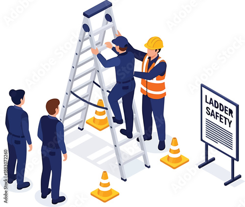 Workers on a ladder with safety sign and cones for workplace protection and accident prevention measures