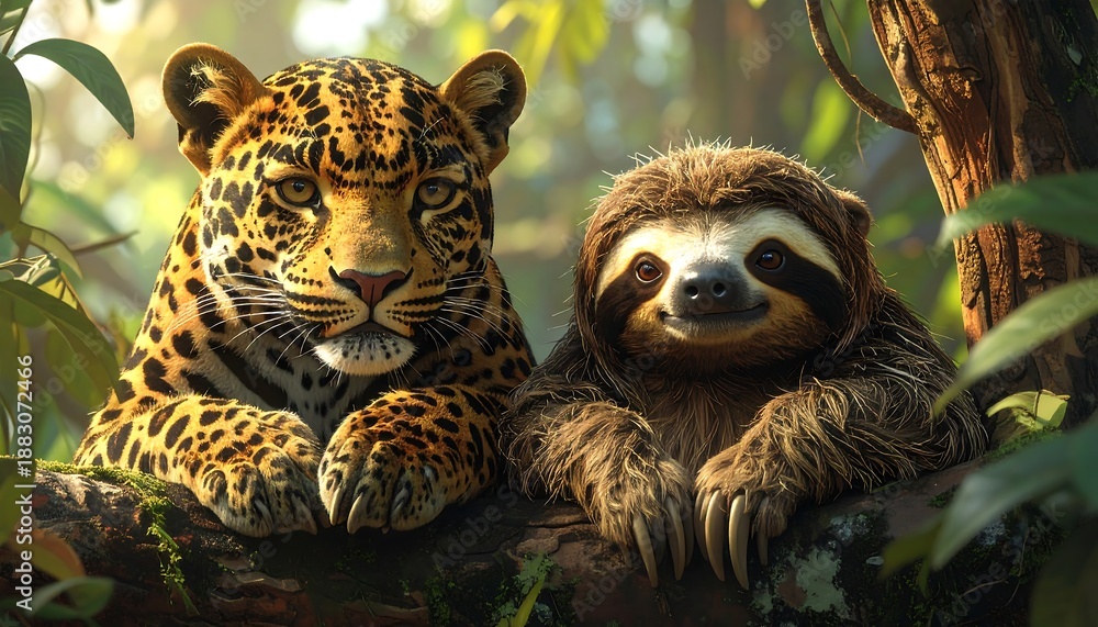 Fototapeta premium Leopard and sloth jungle friends together.
