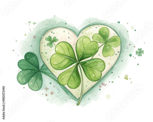 Watercolor Shamrock Heart Design, St. Patrick’s Day Irish Love Icon Isolated on White Background