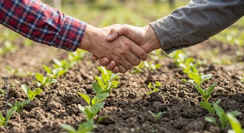 Two farmers shaking hands over a field of green seedlings, agricultural agreement and partnership concept.