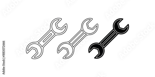 Black line wrench icon vector tool symbol in various styles double ended spanner for repairing and mechanical maintenance isolated on white background illustration