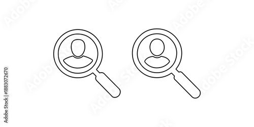 Black line magnifying glass with person icon vector search user symbol flat outline design element isolated on white background finding human resource illustration