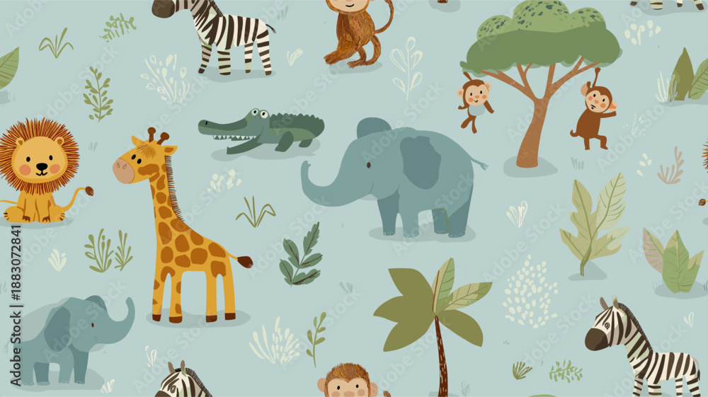 Fototapeta premium Safari animals pattern with giraffes, elephants, and lions on a light blue background. Cute cartoon jungle animals seamless pattern