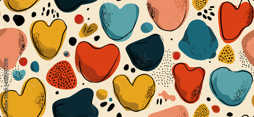 Hearts in a cute retro doodle style creating a vibrant seamless pattern. Seamless heart pattern representing love and romance