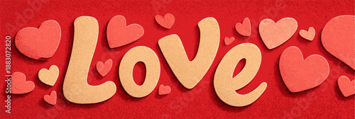 Textured word love with small hearts creating a festive Valentine's Day or romantic design. Textured love word with hearts on red background