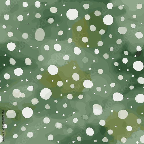 Watercolor green background featuring scattered white and light green polka dots pattern. Watercolor green background with scattered polka dots texture
