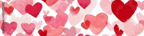 Watercolor hearts creating a seamless pattern in shades of pink and red on a white background. Seamless watercolor heart pattern for Valentine's Day love