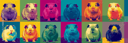 Nine cute guinea pigs in a colorful pop art distinct grid pattern. Pop art guinea pig distinct pet portraits grid
