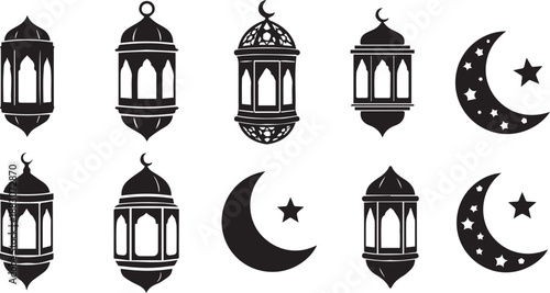 Islamic Ramadan Lantern and Crescent Moon Icon Set Featuring Traditional Fanous and Star Decorations
