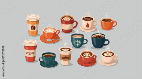 Set of Coffee Cups and Mugs with Latte Art and Steam Flat Vector Illustration