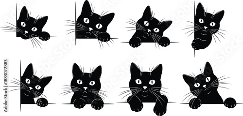 Peeking black cat silhouettes, cute kitten faces, playful feline poses, cartoon pet vector collection, isolated white background illustration
