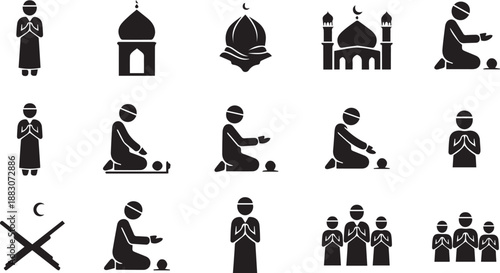 Islamic Mosque Architectural Sketch with Domes, Minarets, and Decorative Cloud Elements in Minimalist Line Art Style