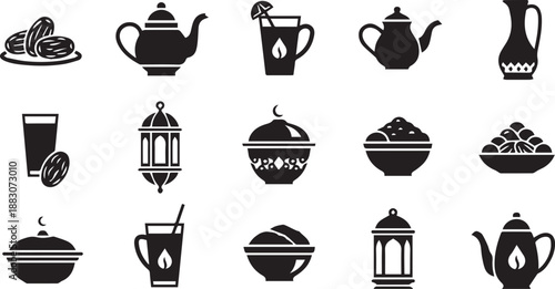 Islamic Iftar and Suhoor Hospitality Icon Set Featuring Traditional Tea, Dates, and Ramadan Meal Bowls