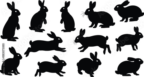 Rabbit silhouette collection, black bunny poses, cute wild hare vector set, animal illustration, isolated white background design