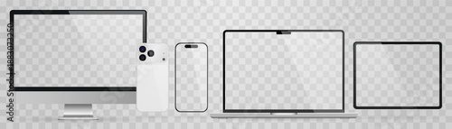 Vector realistic smartphone, laptop, tablet, computer set. Realistic gadget set png. Vector devices with blank empty screen isolated on transparent background.