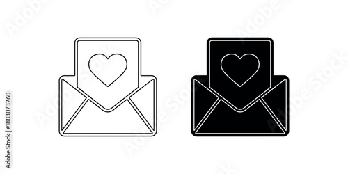 Love letter envelope icons with heart symbol on document representing romantic message or wedding invitation available in white outline and black silhouette