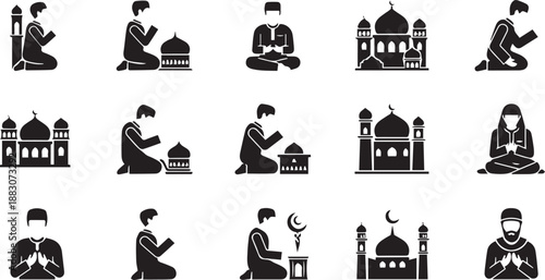 Islamic Prayer Icon Set Featuring Men and Women in Various Supplication and Worship Postures