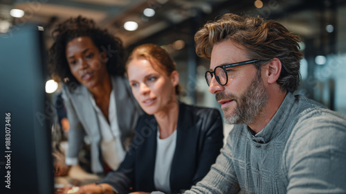 Diverse business team collaborating on computer in modern office environment