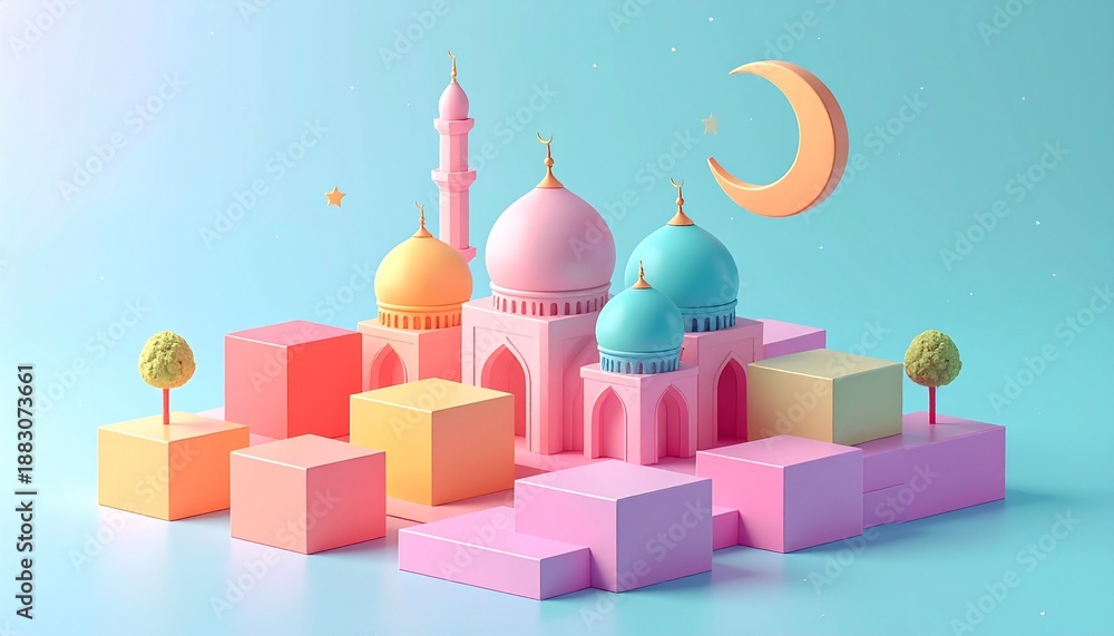 Fototapeta premium Minimalist 3D Isometric Ramadan Calendar with Mosque and Moon