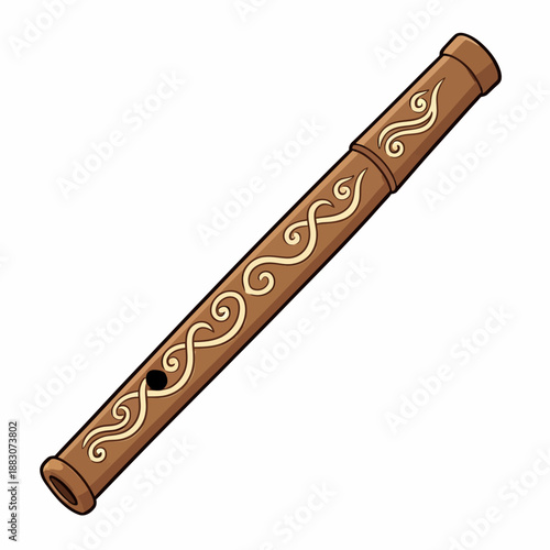 Traditional handcrafted wooden flute with decorative swirly patterns and finger holes for performing folk music and relaxing melodic tunes in a cultural setting.